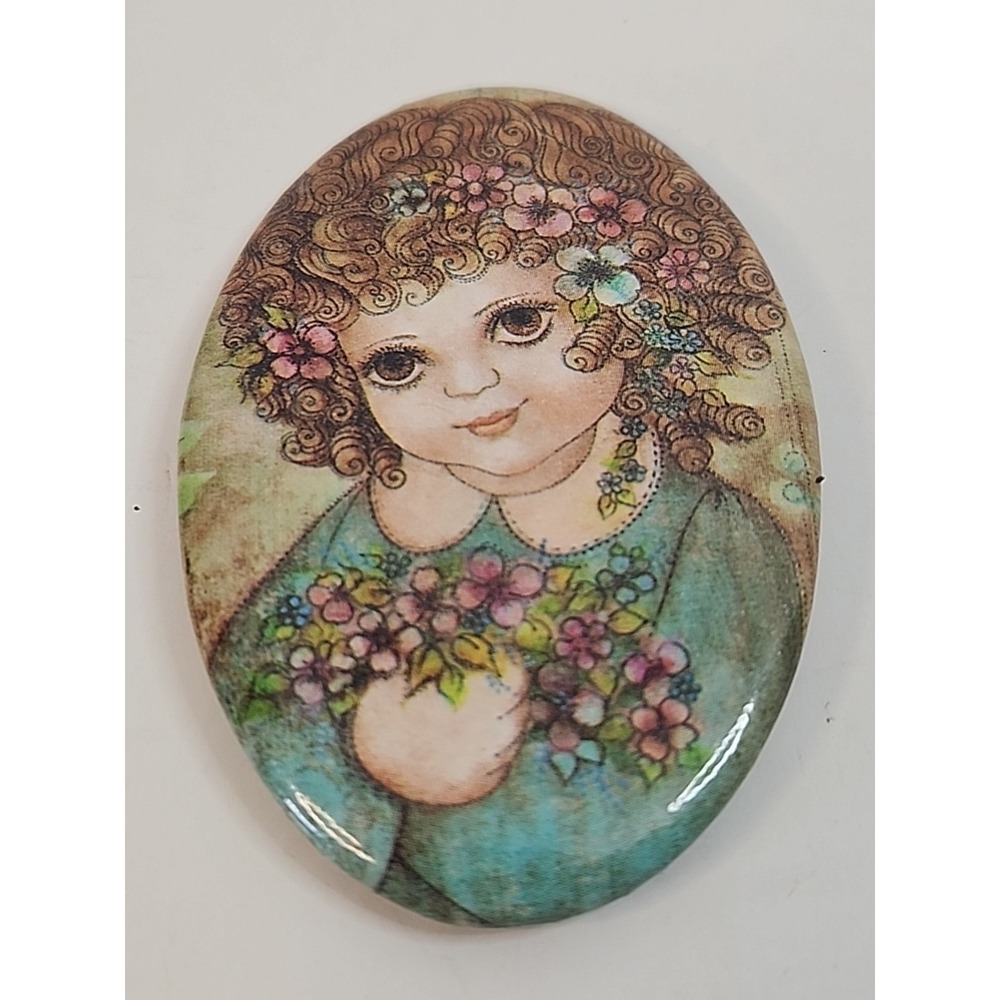 Vintage 1970s Big Eye Girl Pocket/Purse Mirror, Kitsch Flower Child, Retro Boho
